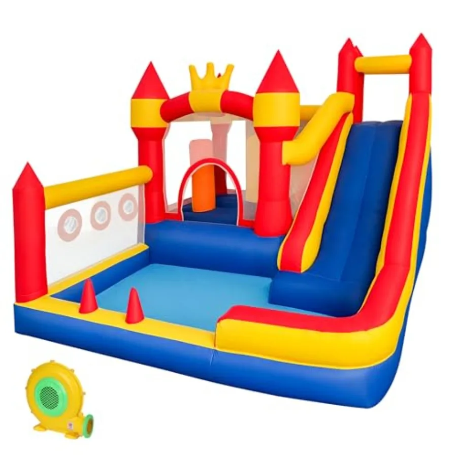 

Bounce House, Bounce House 8-в-1 для детей, надувной домик с горкой, стеной для скалолазания, ямой для мяча, препятствиями, батутом и баскетболом