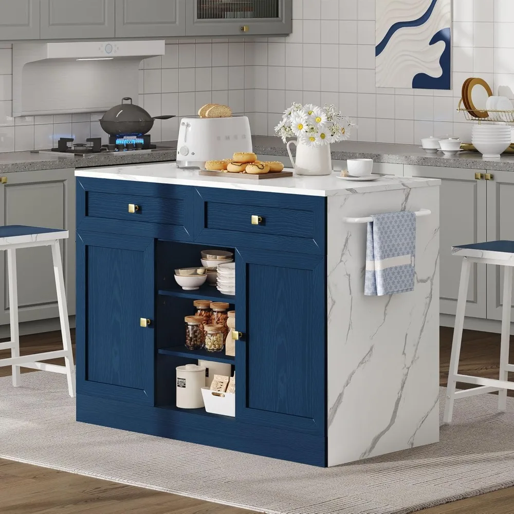 

"Spacious Kitchen Island with Storage, Seating, and Power Outlet, Accompanied by 2 Bar Stools"
