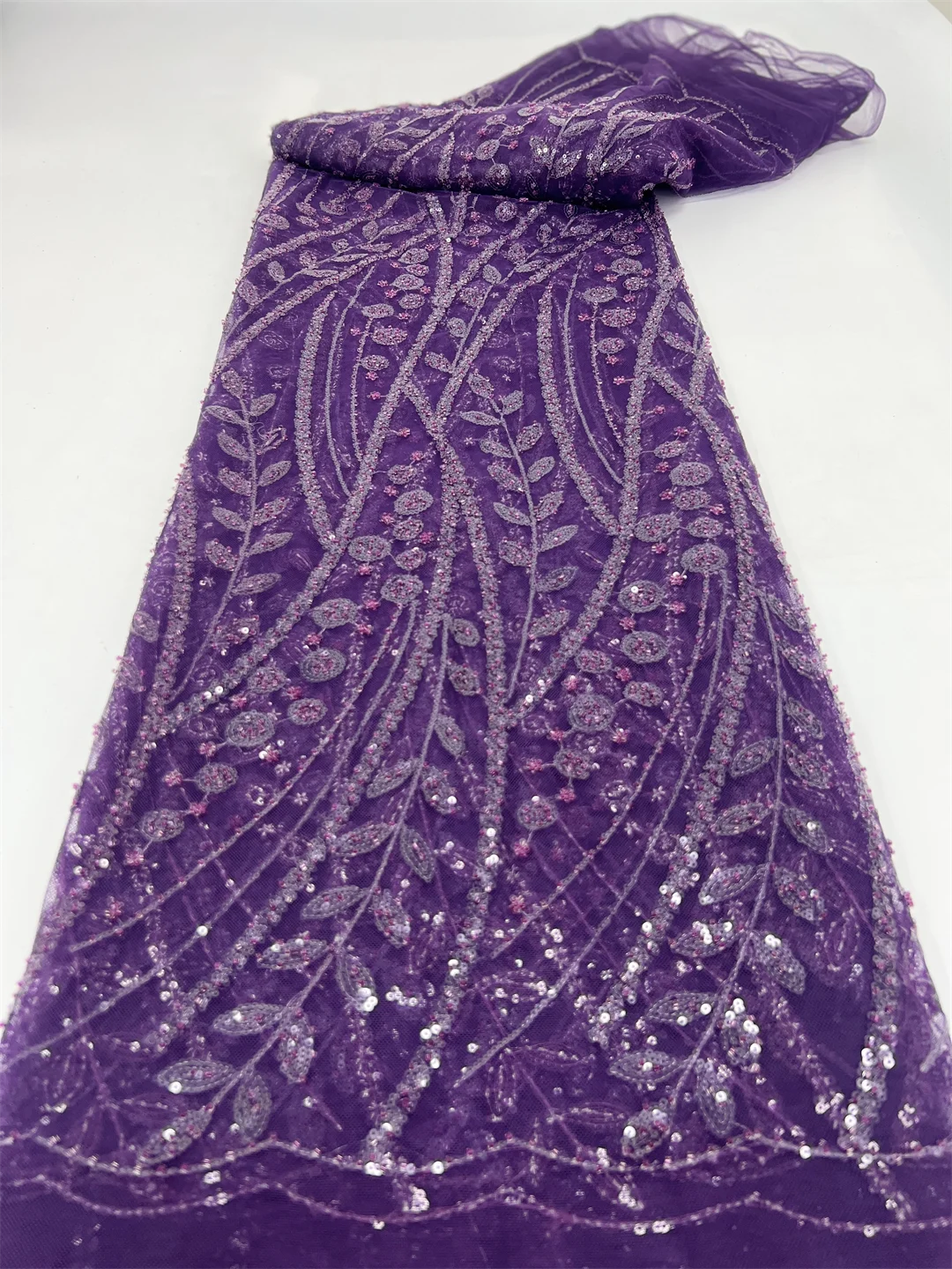 Wholesale Purple Embroidery Sequins Pearls Beads African Lace Fabric Bridal Nigerian Wedding Luxury  Beaded Lace Fabric