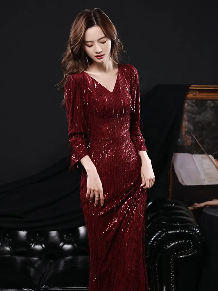 

Ele Red Evening Gown with Fi Tail Design Long Sve Wedding Dr Women's High-End Drinking Ceremony Costume Korean Sle