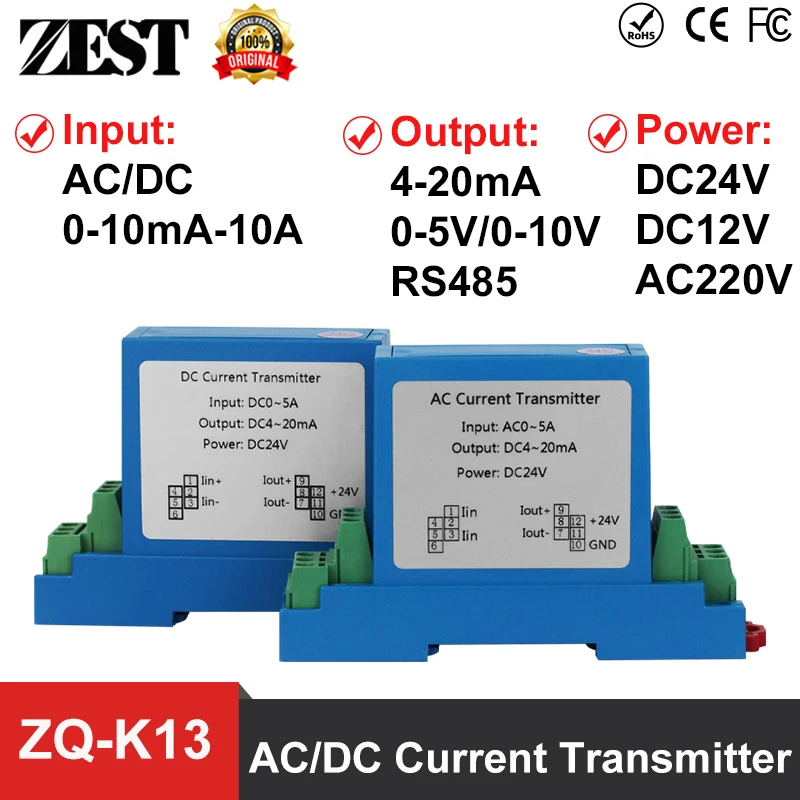 

ZQ-K13 AC DC 0-10mA-10A Current Transmitter Transducer 4-20mA 5V 10V RS485 Output DC24V Power Supply Current Sensor