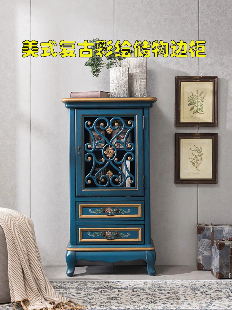 American Hand Drawn Solid Wood Chest of Drawers Carved Storage Side Cabinet European Style Retro Living Room  Storage Cabinet