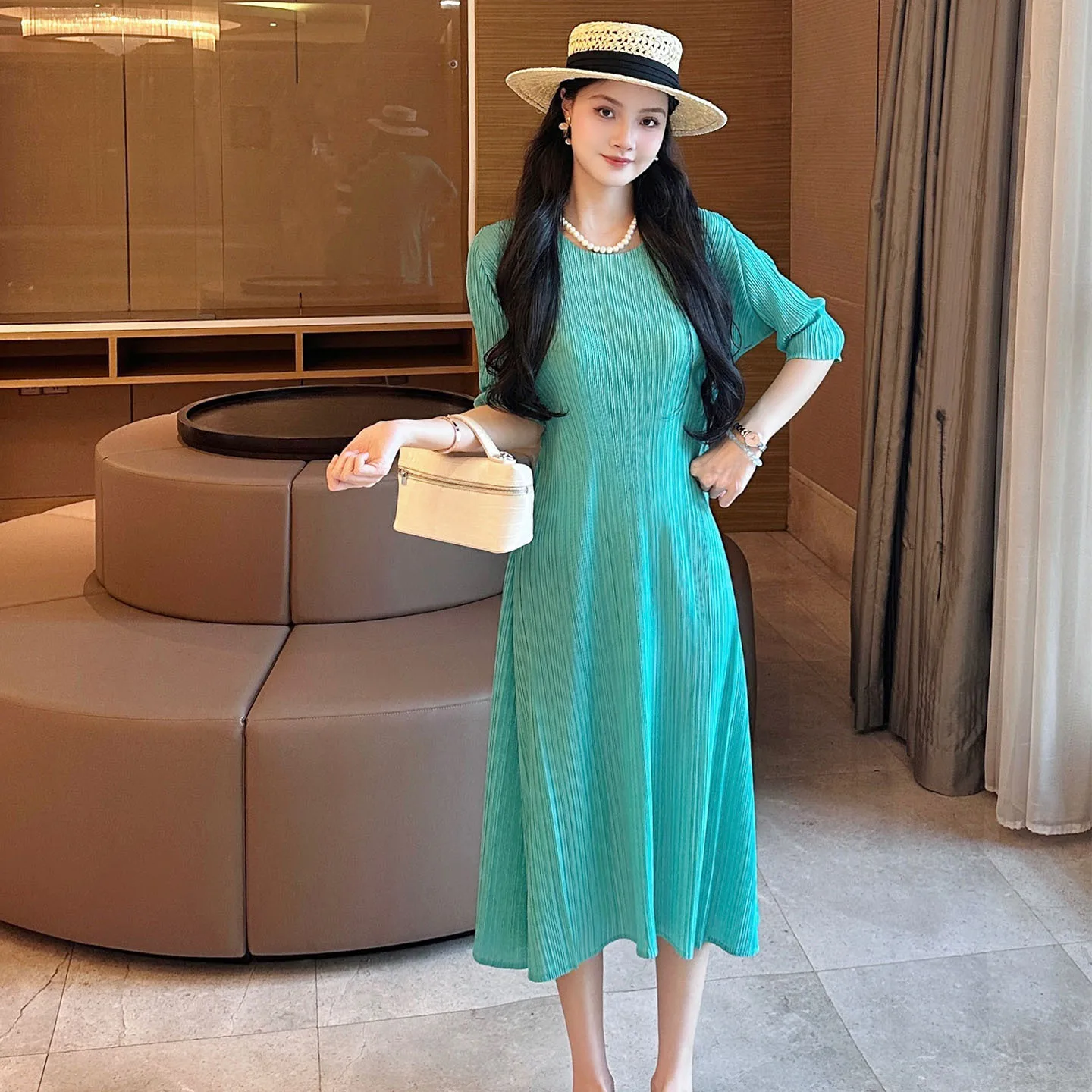 

Miyake 2025 Summer Quarter-sleeved Pleated Minimalist Fashion Solid Color Pleats Premium Green Plisse Dress Slim Pleated Skirt
