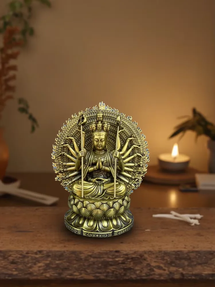 Old Brass Thousand-Hand Guanyin 1000 arm Guanyin Backlit Lotus Terrace Sitting Buddha Wenfang screen Amass wealth Ornaments