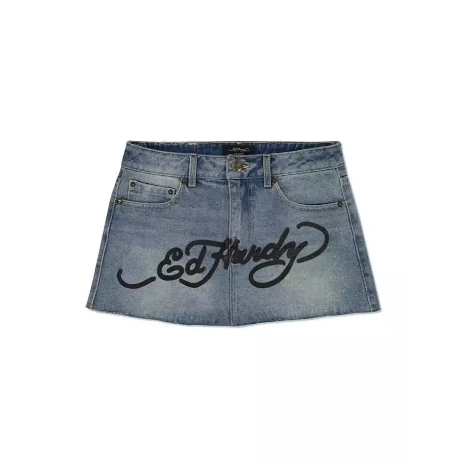 Retro Blue Denim Skirt for Men with Letter Print Harajuku Style Gothic Hip Hop Cotton Shorts Citywalk Summer No Stretch