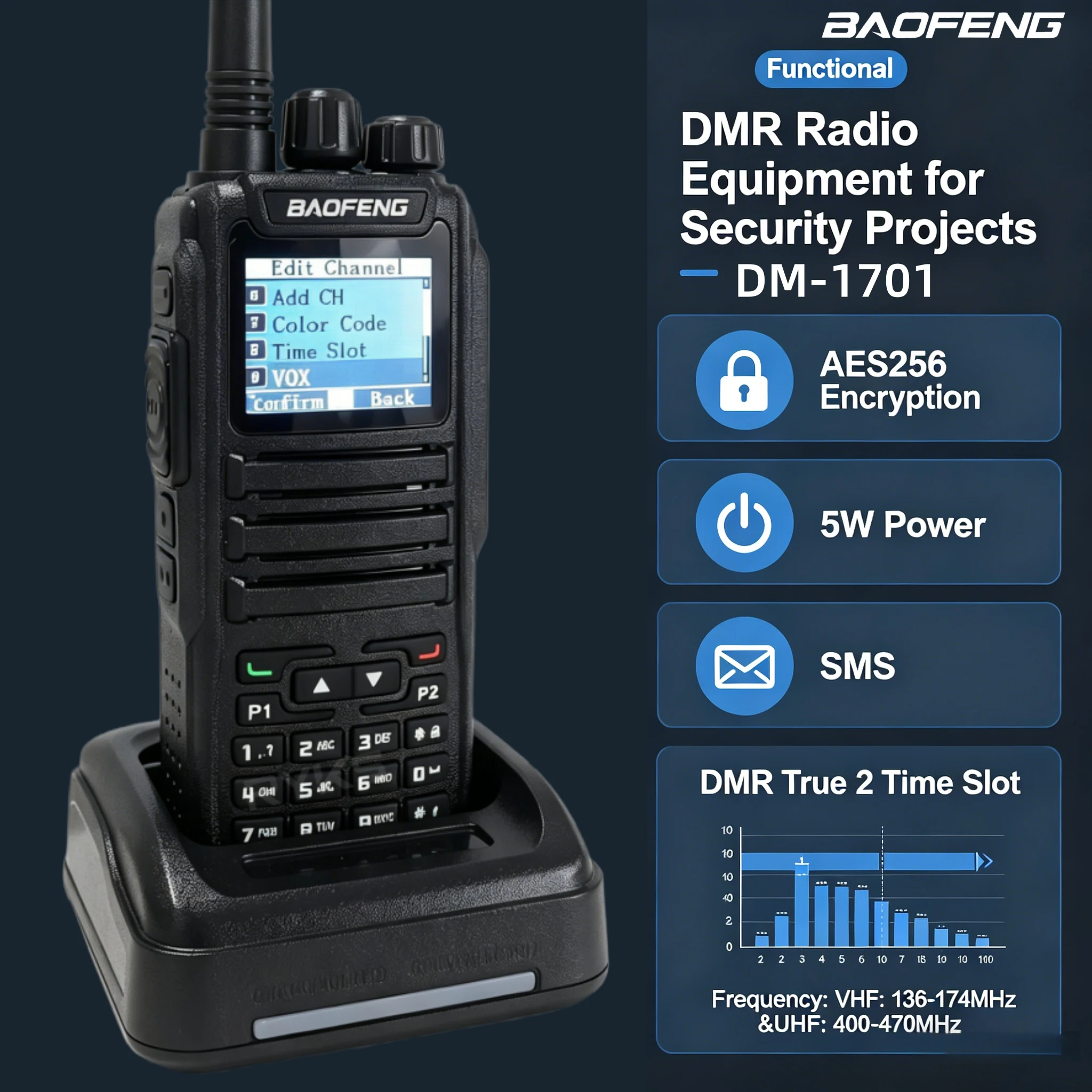 Baofeng DM-1701 5W VHF UHF DMR Walkie Talkie Digital Analog Dual Band Two Way Radio For Security