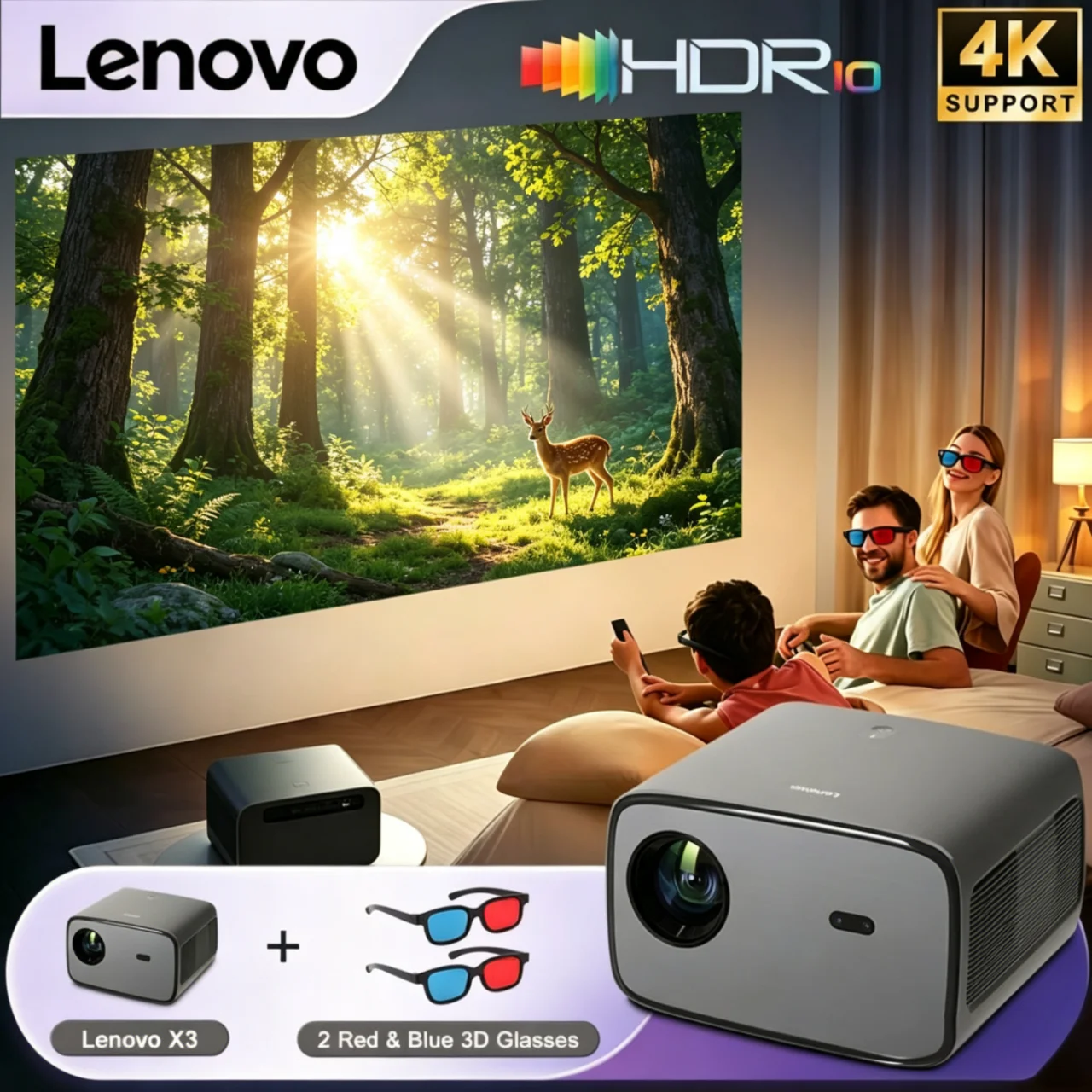 

Lenovo X3 4K projector+two red and blue 3D glasses 1000CVIA brightness home theater full HD Android smart TV Beamer