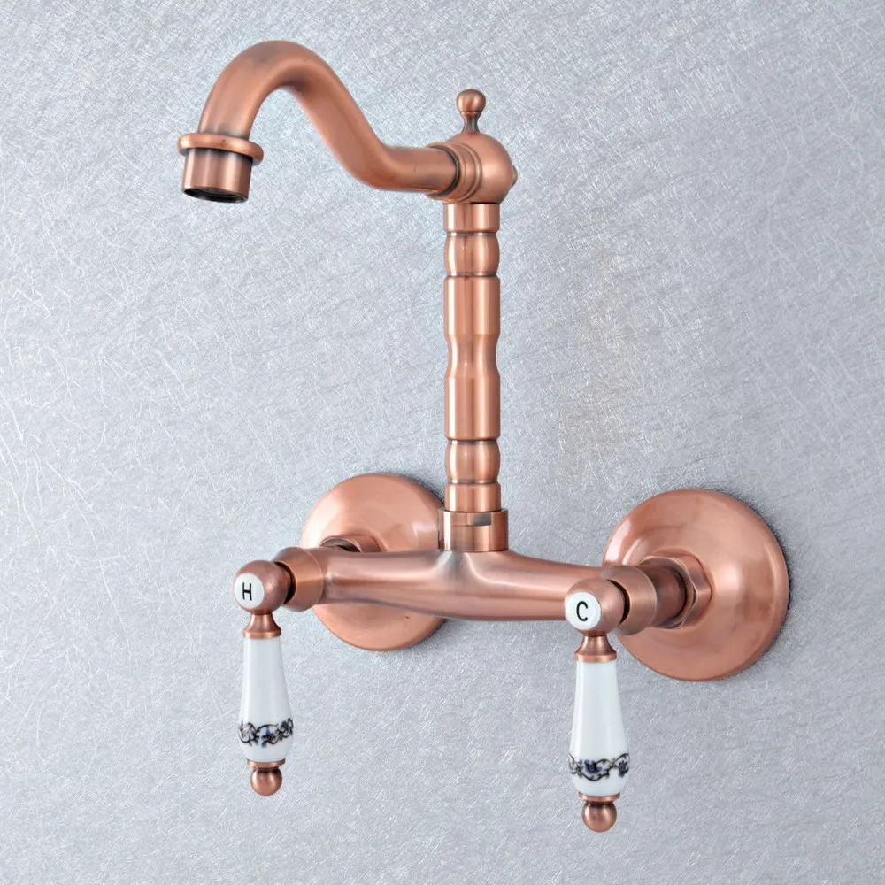 

Antique Red Copper Wall Mount 2-Handle Kitchen Bathroom Sink Faucet Swivel Mixer Tap tsf895