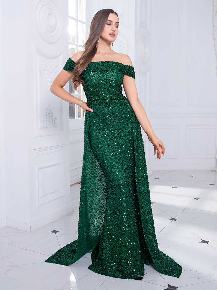 Off Shoulder Dazzling Sequin Fitted Bodice Evening Night Dress with Detachable Skirts Floor Length Party Dress