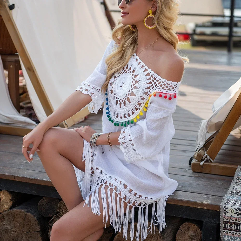 MOONBIFFY Bikini Cover Up With Fringe Trim Women Sexy Hollow Tunic Beach Dress Summer Bathing Suit Beachwear