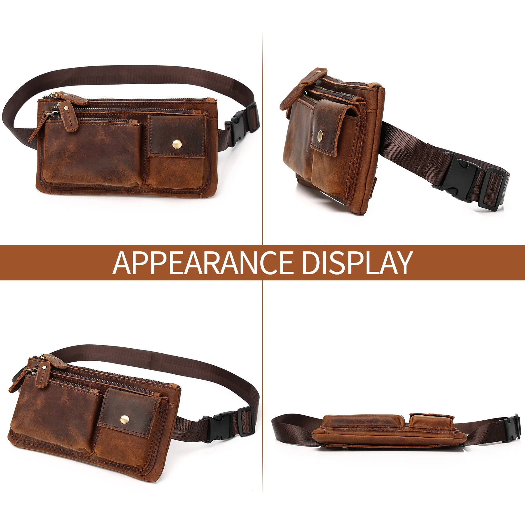 Vintage Leather Waist Bag Fanny Pack for Men Women Hip Bum Bag Belt Slim Chest Bags Cell Phone Purse Wallet Crossbody Sling Pou