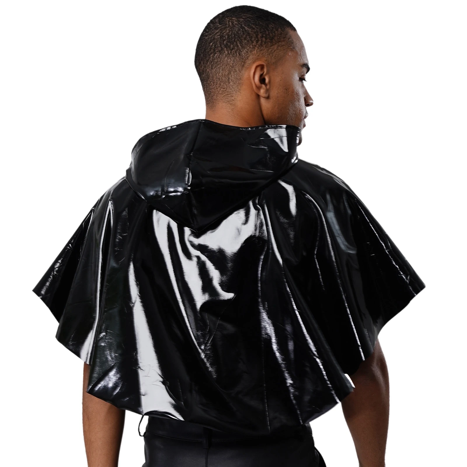 Capa masculina medieval de couro pu com capuz, aparência molhada, gótico, steampunk, feiticeiro, dramatização, vestido extravagante, botão de pressão frontal, capa curta