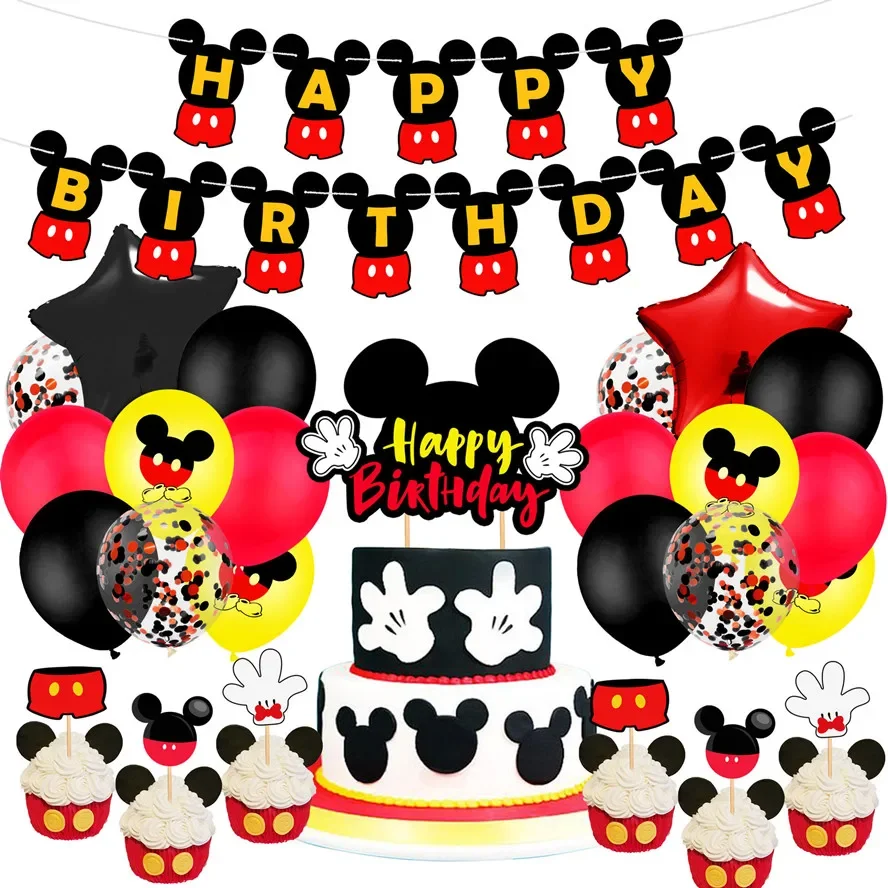 Mantel desechable de Mickey Mouse rojo para fiesta de cumpleaños, taza de papel decorativa, dibujo de bandera, suministros de fiesta