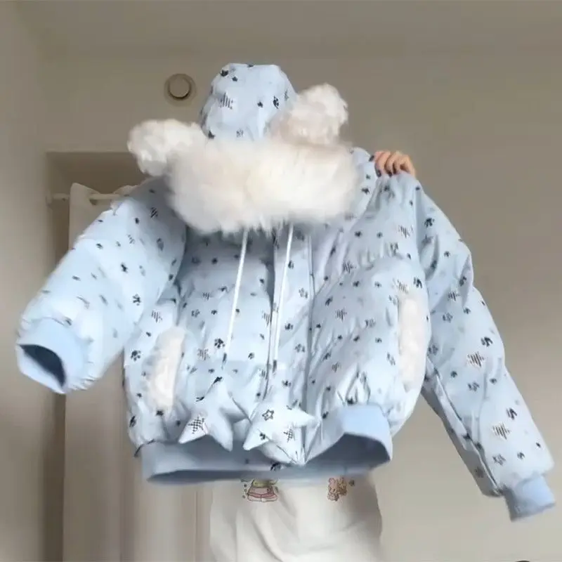 الفرنسية الشتاء مقنعين فو الفراء طوق معطف المرأة تنوعا سترة فضفاضة Kawaii الجرونج Harajuku ثقافة فرعية موضة المعاطف الدافئة #4