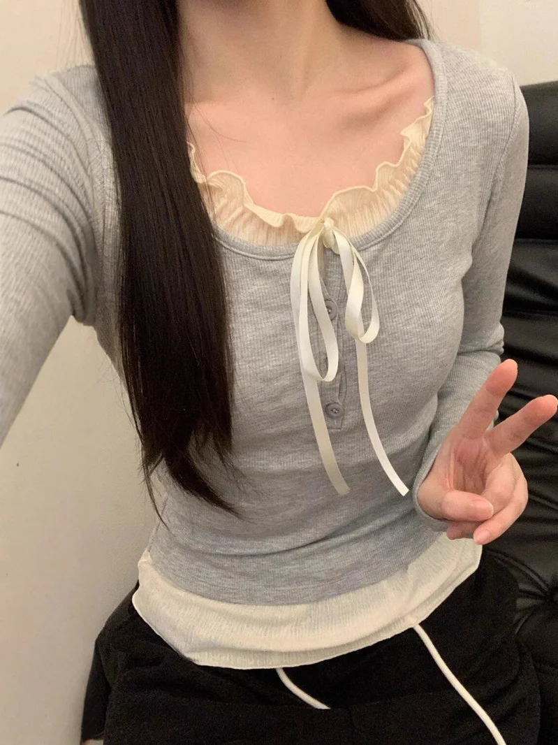 

Faionable Long Sve Women's Base irt Lace Trim T-irt Slim Fit Knitted Polyester Spring Autumn Wear for Young Women