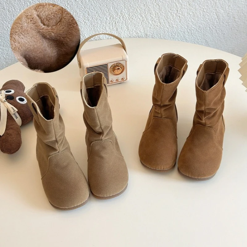 

Модные детские короткие ботинки 2025 года, зимние новые детские зимние ботинки в британском стиле для девочек, противоскользящие универсальные повседневные ботинки на плоской подошве в стиле ретро для девочек