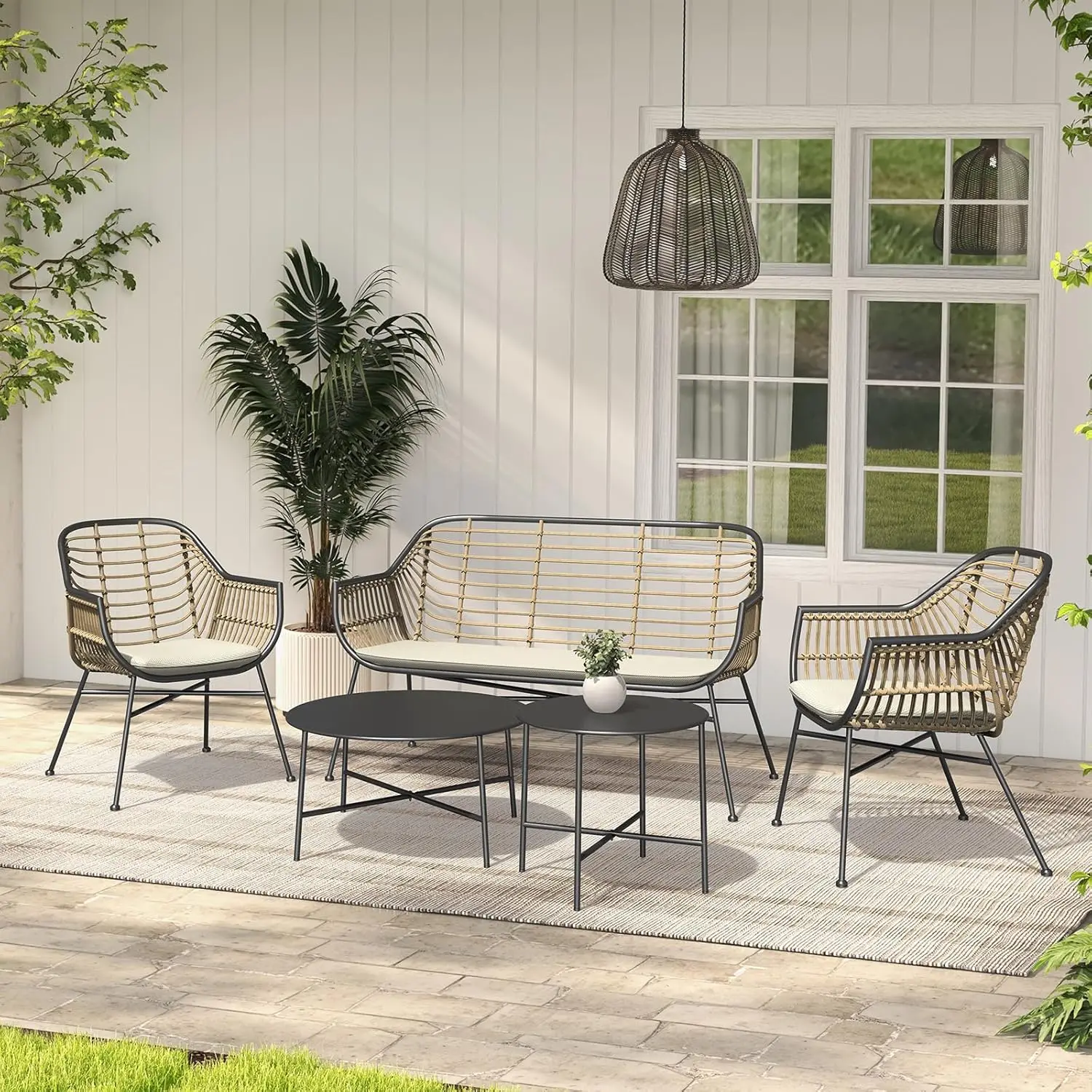 5-Piece Outdoor Wicker  Conversation Set with Cushions and Coffee Tables, Boho Wicker Seating Set for Indoor Outdoor