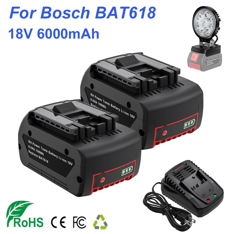 

for Bosch 18V Battery 6000mAh Rechargeable Lithium Battery for Bosch GBA GSR GSB BAT618 BAT609 BAT620 Battery/Charger/lamp