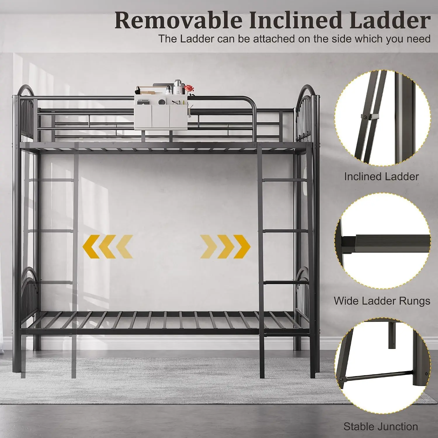 Twin Over Twin Metal Bunk Bed with Convertible Ladder & Flat Rungs, Space Saving Loft Bed for Adult & Teen, Customized image 4