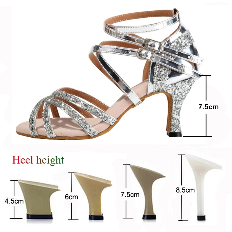 Latin Dance Shoes Women\'s Salsa Tango Ballroom Party High Heeled Women\'s Shoes Silver Black Summer Sandals Outdoor Dance Sneaker