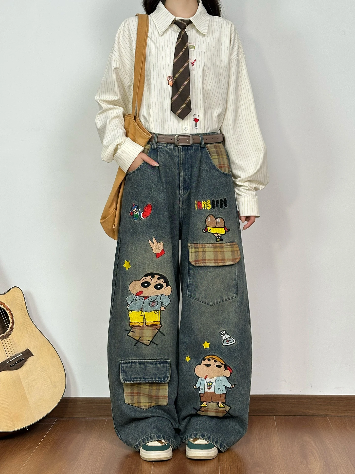 

Винтажные женские джинсы Waed с мультяшной вышивкой, свободные, прямого кроя, из потертого денима, классические, с широкими штанинами, с завышенной талией