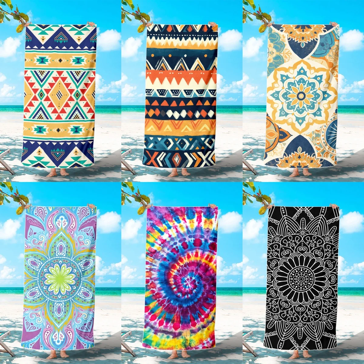 

1/2Pcs Quick Dry Black White Mandala Towel, Lightweight Bohemian Hippie Beach Towel, Swimming Absorbent Quick-Drying Bath Towel