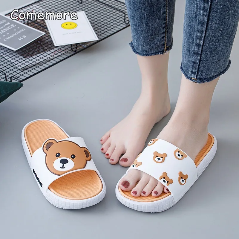 Comemore Summer Home Slippers Woman Indoor Fashion Non-slip Women\'s Sandals Couples Cartoon Bear Beach Soft Slipper Flat Shoes