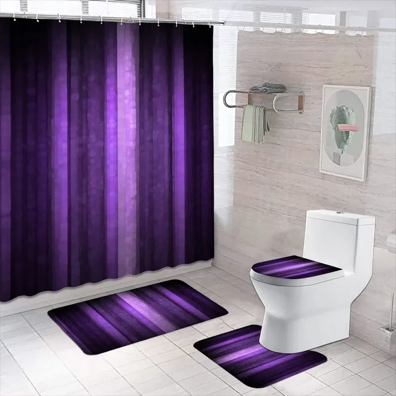 Purple Shower Curtain and Rug Set of 4, Abstract Mosaic Glass Art Texture, Shower Curtain Bath Mat Toilet Mat Set Bathroom Decor