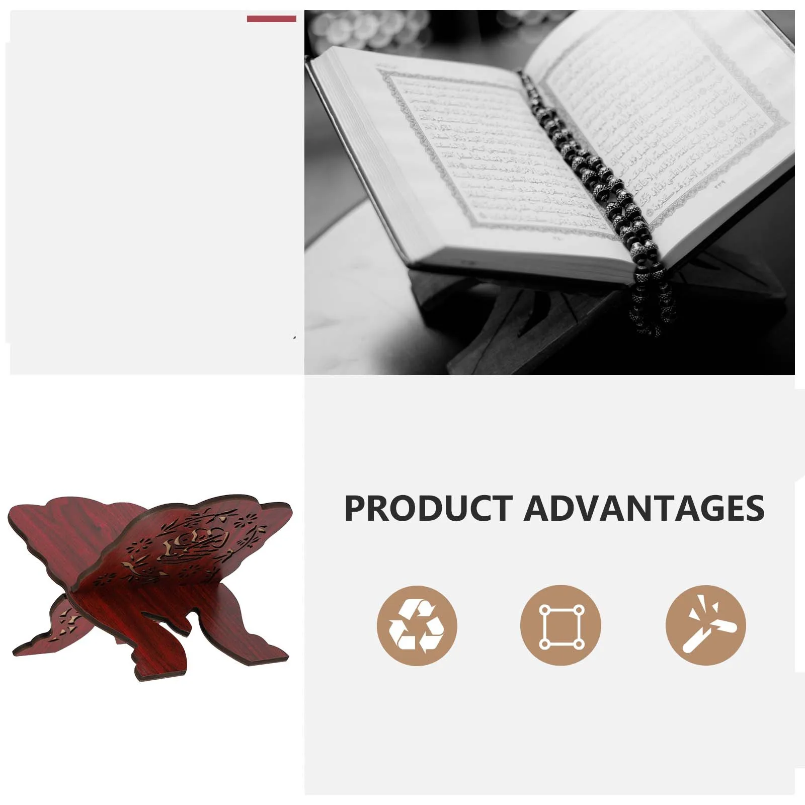 حامل كتب القرآن الكريم الخشبي بتصميم عتيق مصنوع يدويًا حامل كتب صلاة إسلامي لعرض ديكور الطاولة للاستخدام الديني #2