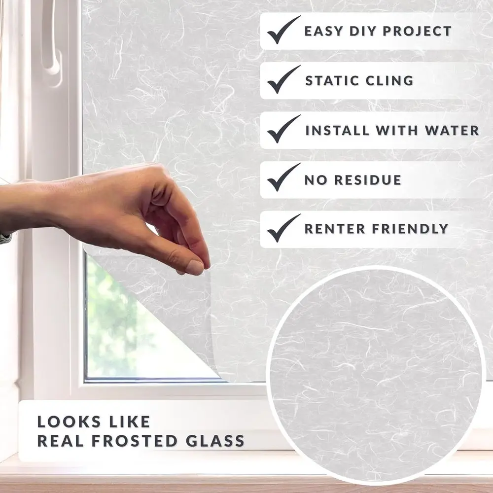 Rice Paper Window Privacy Film by Decorative Frosted Glass Design, Static Cling, Full Coverage Privacy, Light Control, Helps Cre