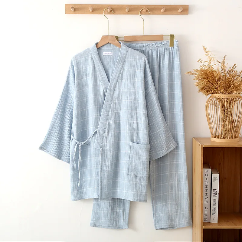 2024 Japanese Kimono Set 100%Cotton Pajamas Two-piece Women Yukata Plaid Robes Women Men Sweat Steaming Suit Home Service Set