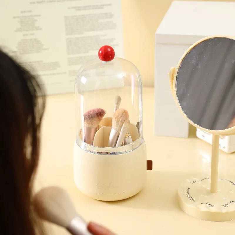 

**Пылезащитный вращающийся органайзер для макияжа — настольное хранилище косметики с отделениями для кистей и помады ** (86 символов)