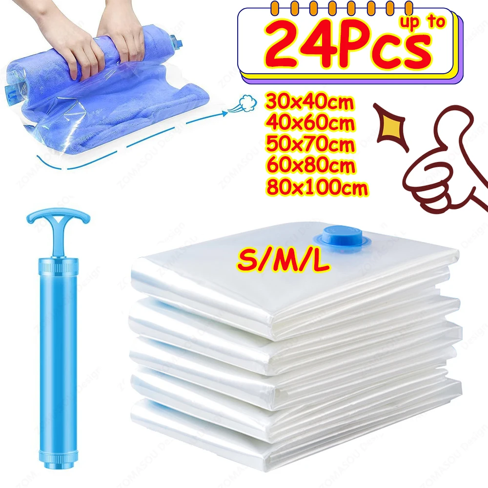 1-24Pc Reusable Vacuum Storage Bags with Hand Pump Clear Folding Compressed Space Saving Vacuum Bag for Clothes Travel Container