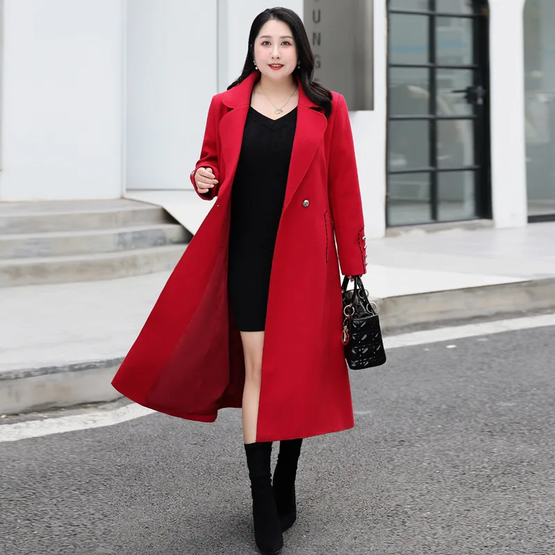 Plus Size 8XL Women Long Sleeve Woolen Coat Lapel Solid Color Autumn Winter Long Jacket Coat Korean Long Cardigan 6XL 7XL 150KG