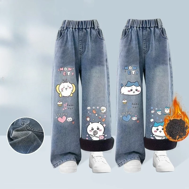 Cartoon Kawaii Girl Jeans Fleece-lined Autumn Winter Straight Leg Wide Leg Pants Comfortable Thicken Wear-resistant New Chiikawa