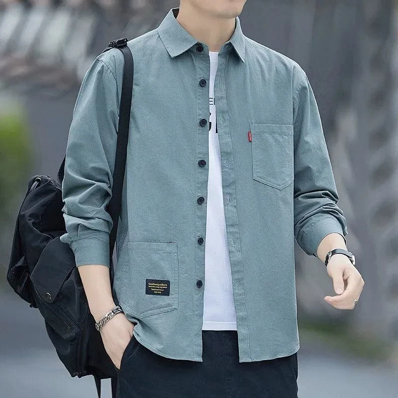 Wear-Resistant Long Sleeve Work Shirt for Men Spring Autumn Construction Worker Dirt Resistant Worn Long Coat Casual Style Po...