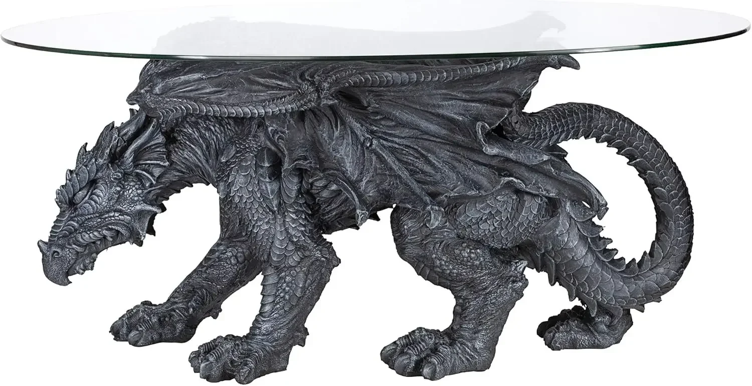 Mesa de centro com cobertura de vidro Warwickshire Dragon Gothic Decor, 39 polegadas, poliresina, pedra cinza