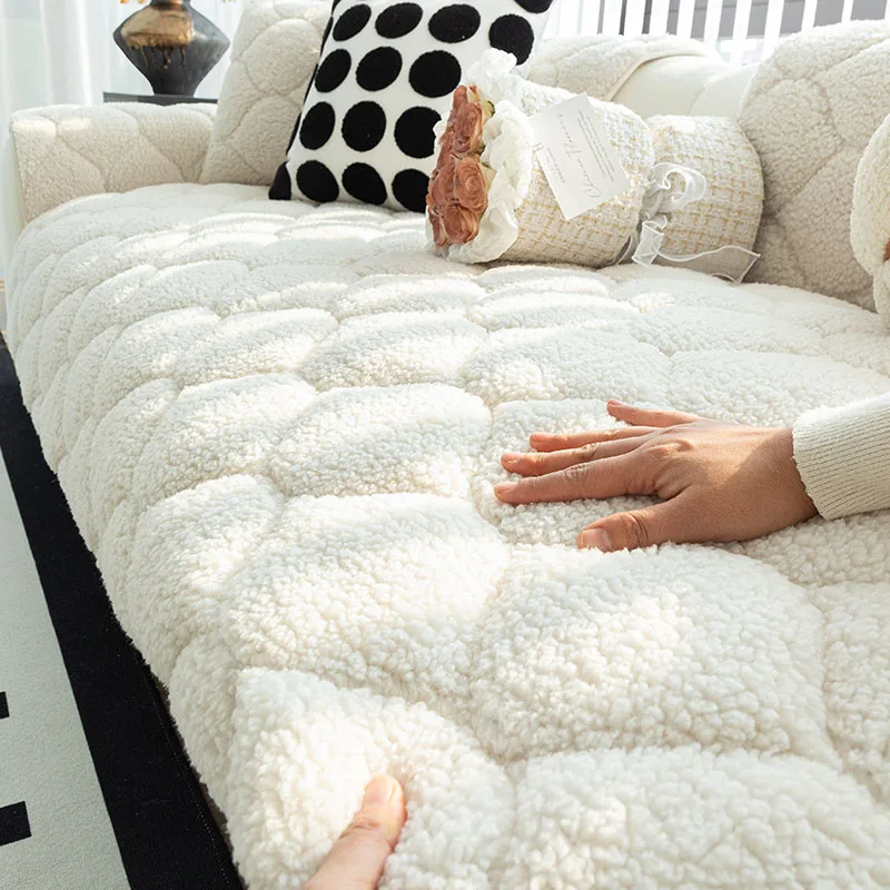 New Autumn and Winter Thick Plush Sofa Cushion Nordic Solid Color Warm Sofa Cover for Living Room Super Soft Non-Slip Dust Cover