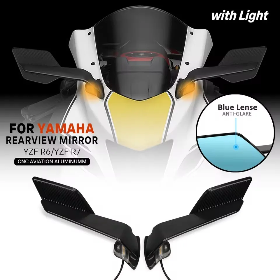 

New Motorcycle Broad Blue Lens Adjustable Rotating With LED Signals Rearview Mirror For Yamaha YZF R6 17-20 R7