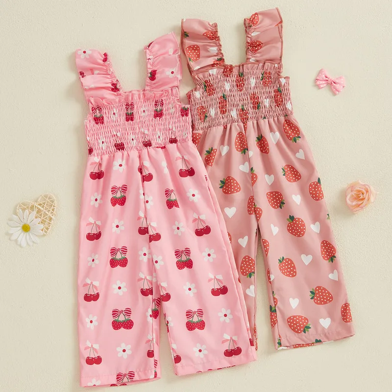 RUEWEY 6 to 4 Years Baby Girl Rompers Summer Clothes Ruffle Sleeveless Strawberry Print Jumpsuit Suspender Pants Baby Clothing