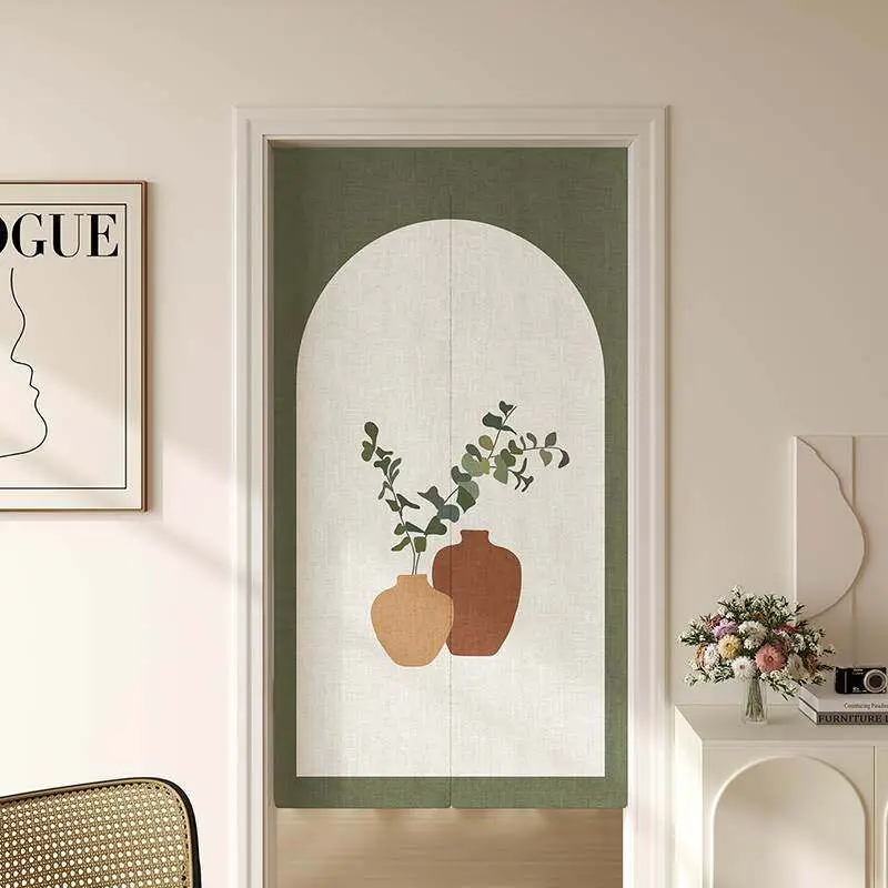 VIKAMA Cream Arch Floral Noren Door Curtain, Modern Minimalist Flower Pattern, Soft Japanese Home Decor for Bedroom
