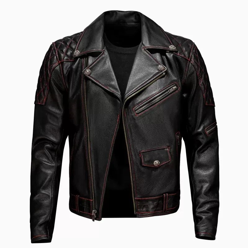 Black Autumn Leather Jacket Men Punk Style Plus Size 4XL Natural Cowhide Slim Fit Short Genuine Leather Coat