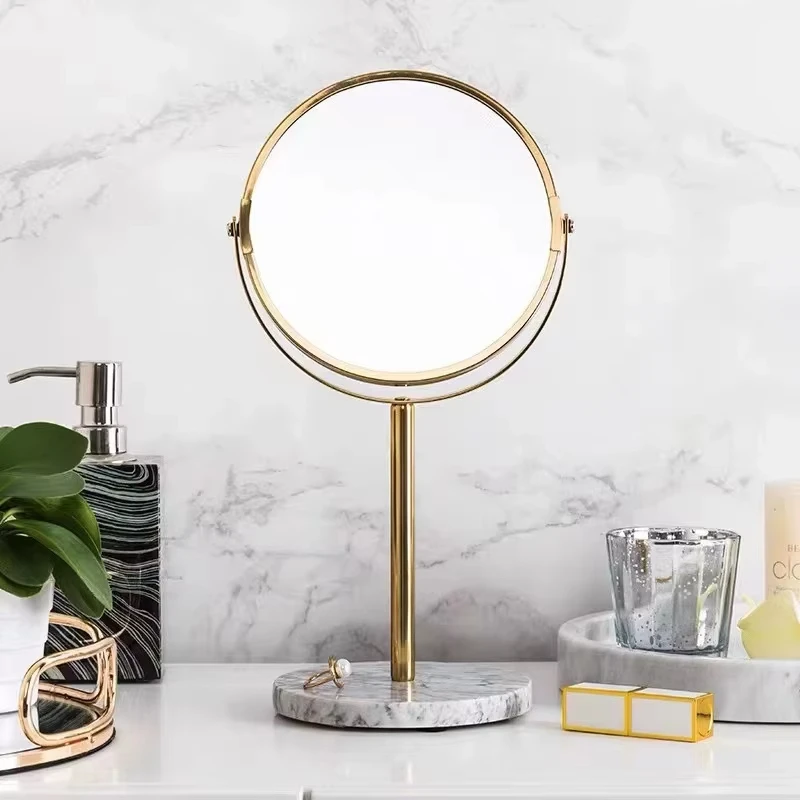 Natural Marble 360 Rotating Makeup Mirror Gold Desktop Double-sided 2X Magnifying Glass Bracket Bathroom Accessories