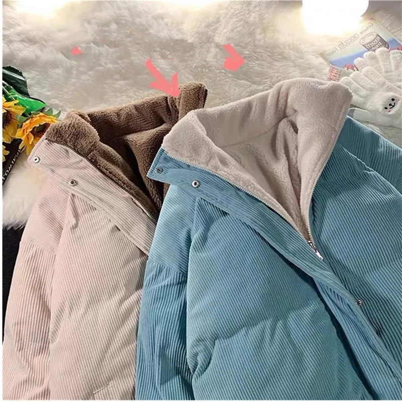 Abrigo de lana de cordero para mujer, Parkas de pana de doble cara, Chaqueta de algodón gruesa y cálida de felpa, prendas de vestir exteriores cortas, invierno, 2755