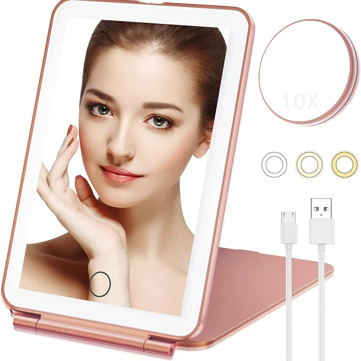Makeup Mirror with 10X  3 Color Lights Magnifying 72 LED Lights Vanity Mirror Travel Mirror Compact Cosmetic Foldable Mirror