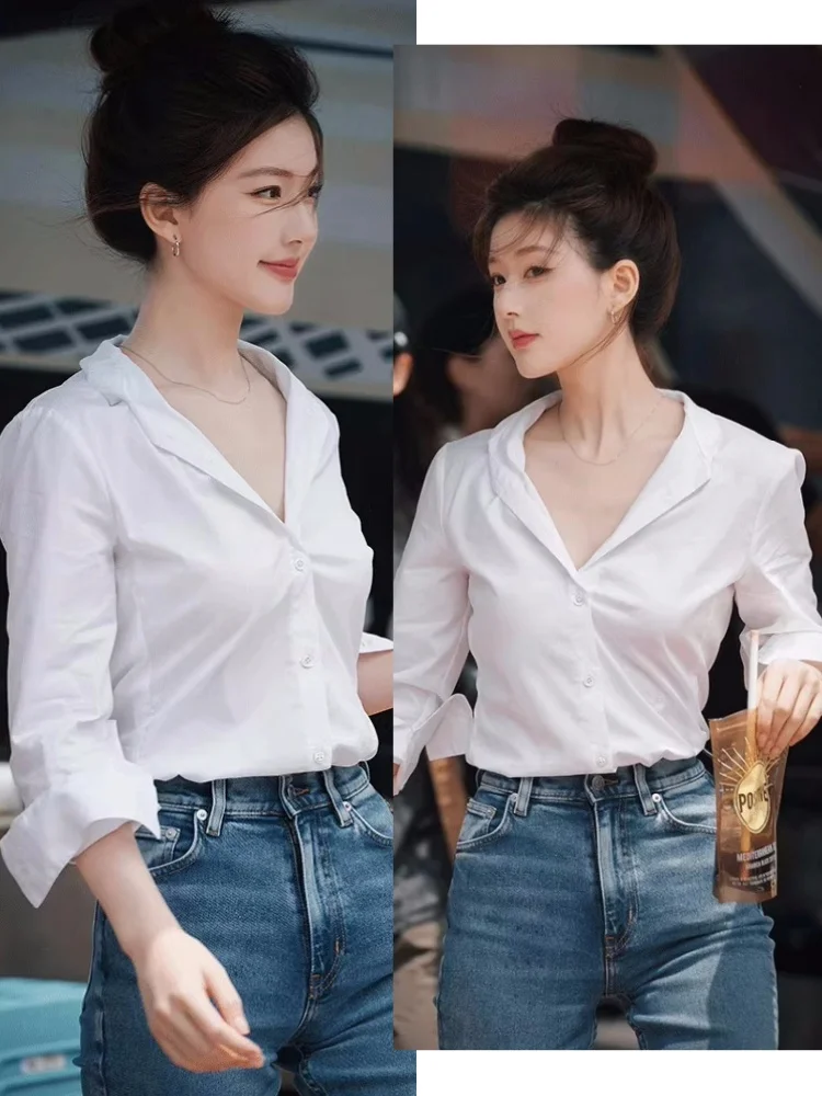 

Elegant White Shirt Women's Professional Casual Top Summer Autumn Fashionable Button up V Neck Nine Sleeve Length Regular