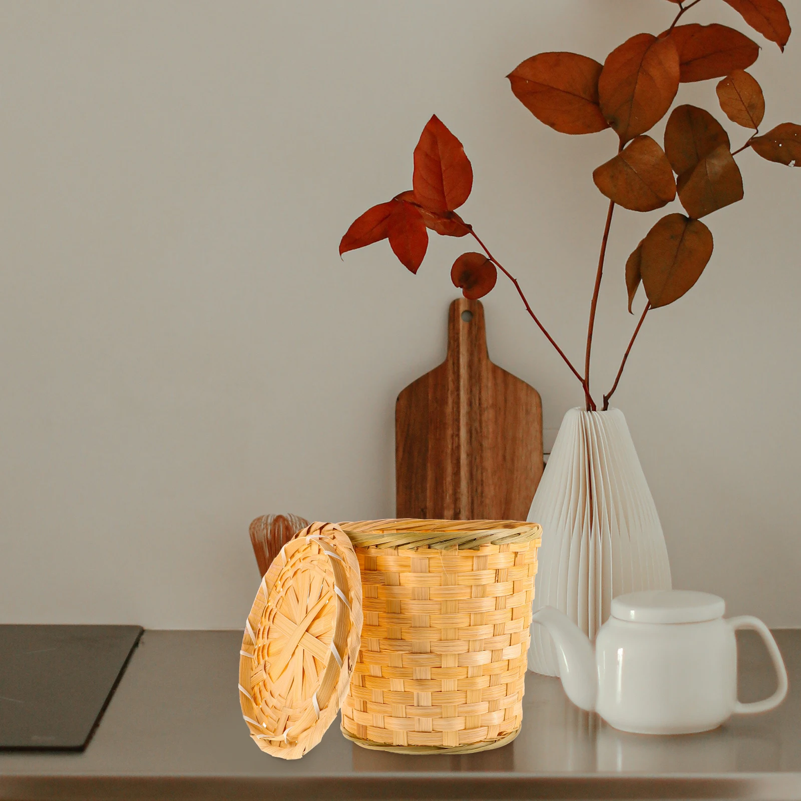 

2Pcs Bamboo Tea Canister Hand-Woven Storage Basket for Fruit Egg Vegetables Loose Leaf Organizing Container Household Decorative