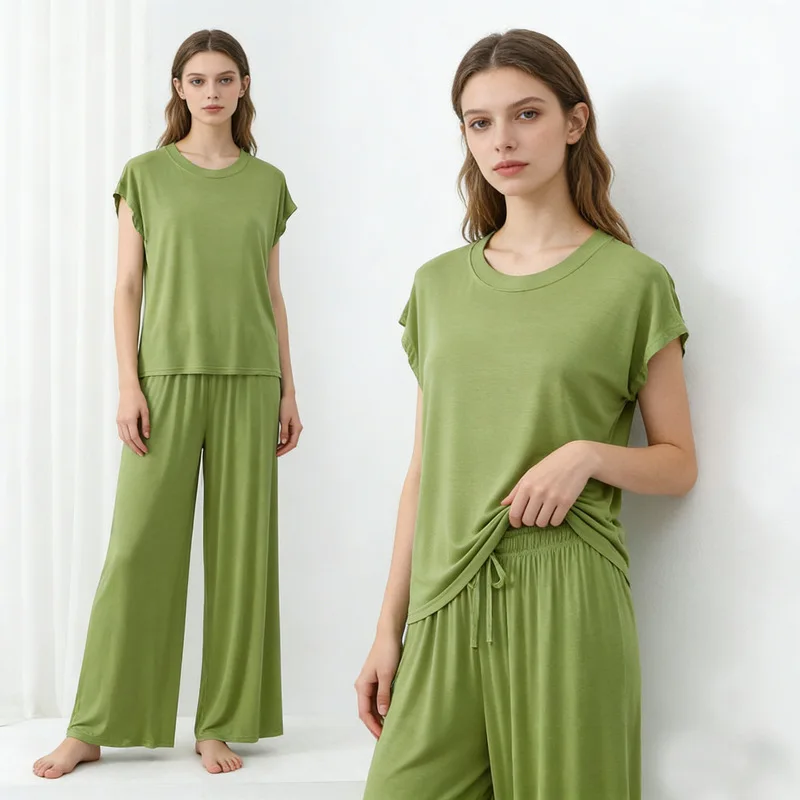 Conjunto de ropa de casa Modal, camisetas con cuello redondo, mangas cortas y pantalones de pierna ancha, ropa de dormir holgada, ropa de calle informal, traje que combina con todo
