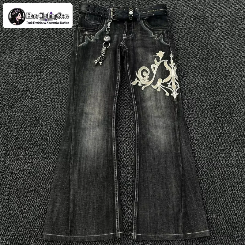 Elara Gothic Style Patchwork Embroidered Patch Women's Flared Jeans Y2k Harajuku Vintage Loose American Versatile Street Pants