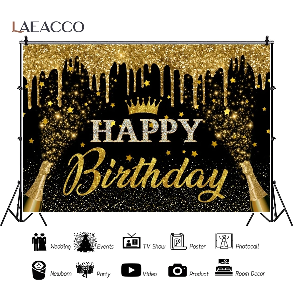 خلفية عيد ميلاد سعيد باللونين الأسود والذهبي ، نجمة لامعة ، زجاجة شامبانيا ، حفلة للبالغين ، بالونات ، كعكة ، صورة عائلية ، خلفية تصوير فوتوغرافي